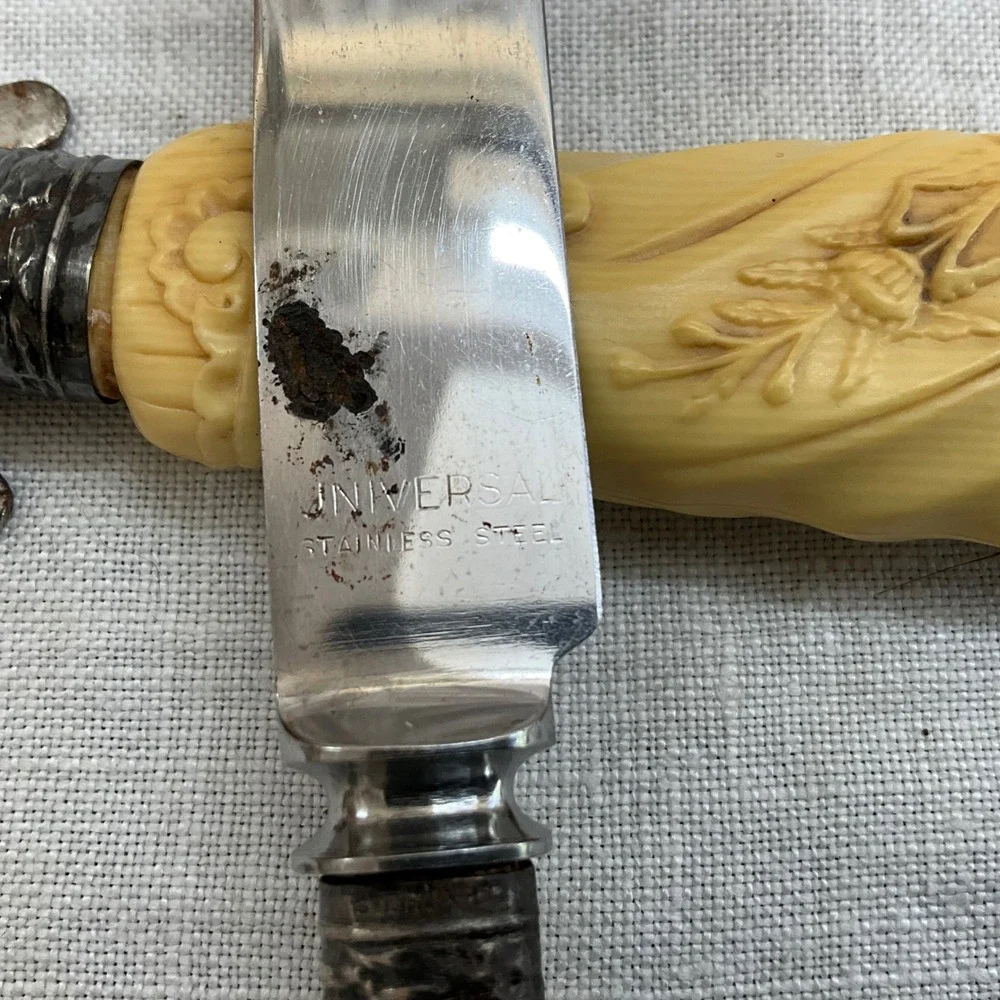Universal‎ Vintage Carving Set Faux Bone Celluloid Floral Scroll Stainless Steel